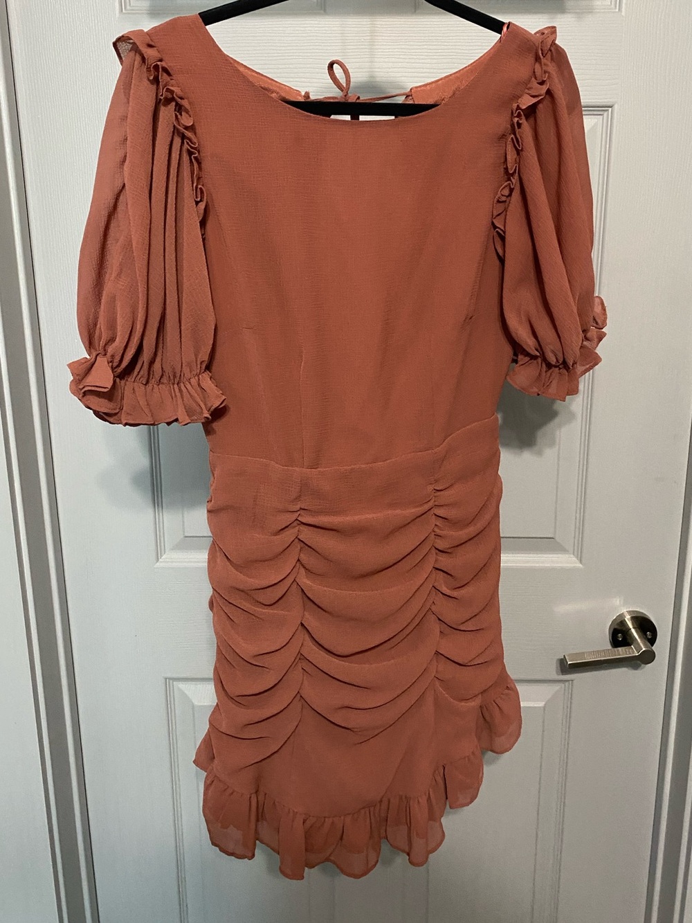 HYFVE Ruched Mini Dress in Terracotta Peach